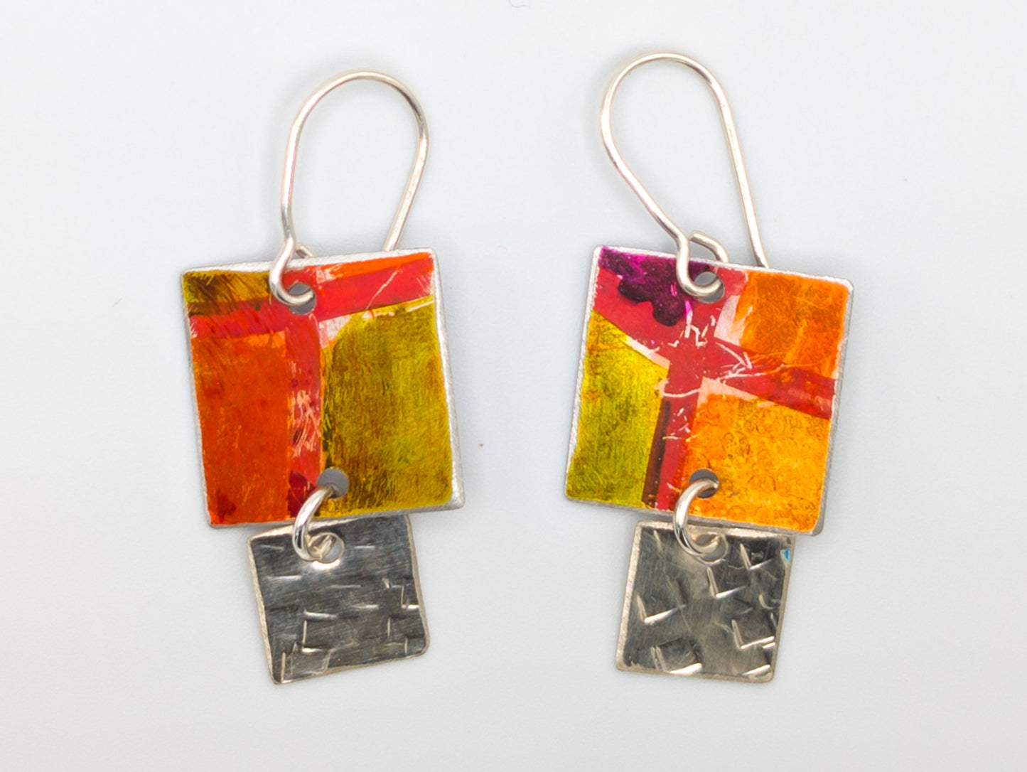 Orange, red and silver square earrings