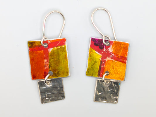 Orange, red and silver square earrings