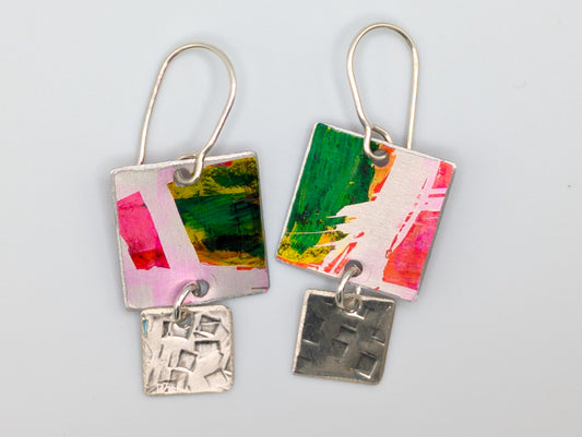 Hot pink, green and silver square earrings
