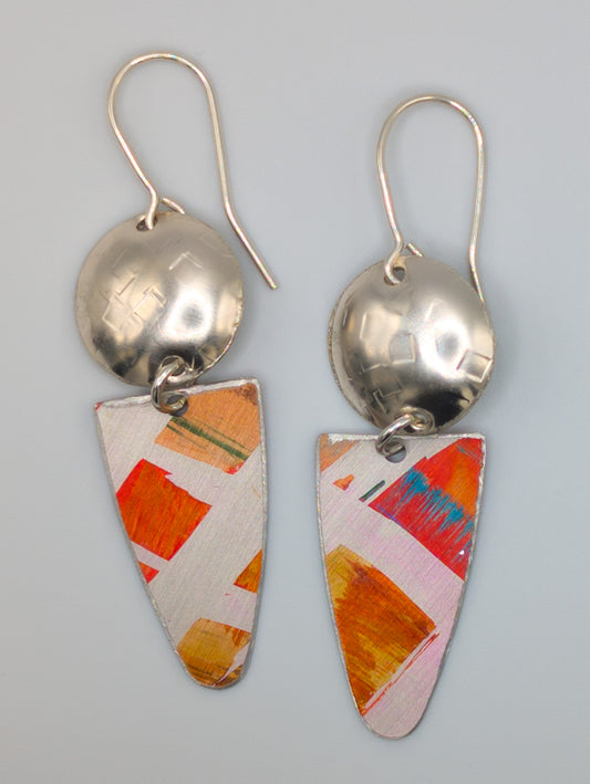 Orange and silver disc and sail earrings