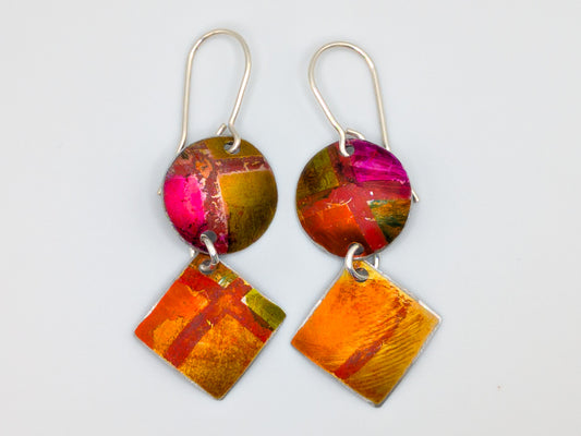 Orange and hot pink disc and square earrings
