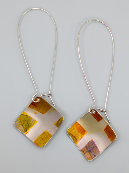 Yellow and orange long drop square earrings