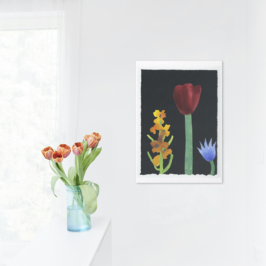 Maroon Tulip with Apricot Hyacinth and Blue Clematis by Nerys Johnson Print