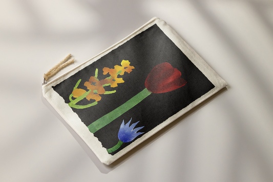 Maroon Tulip with Apricot Hyacinth and Blue Clematis by Nerys Johnson Purse