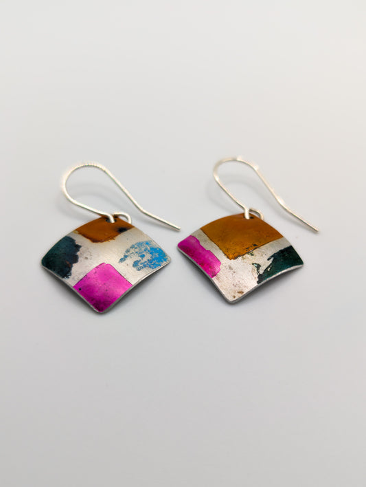 Hot pink and burnt orange square earrings
