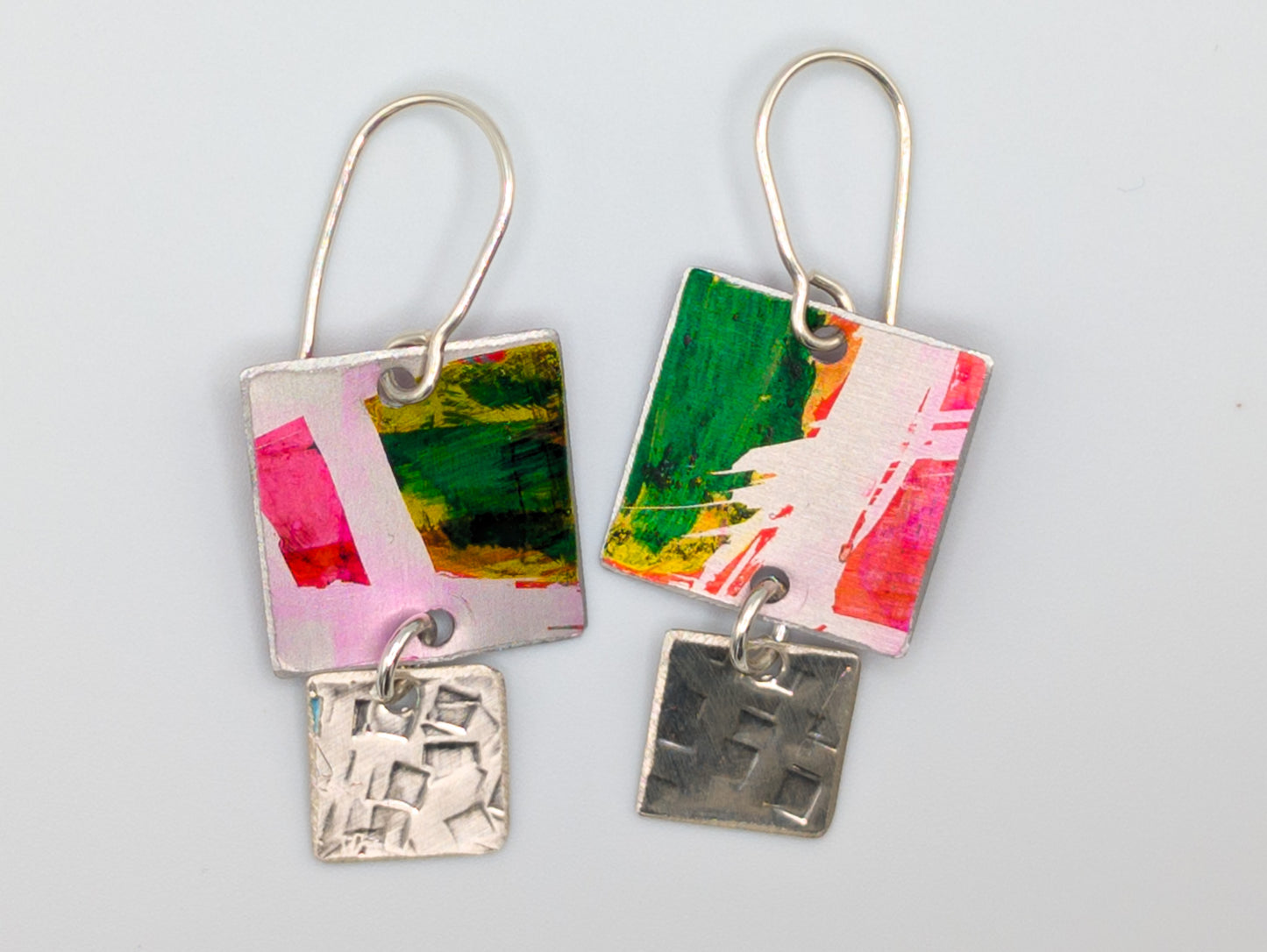 Hot pink, green and silver square earrings