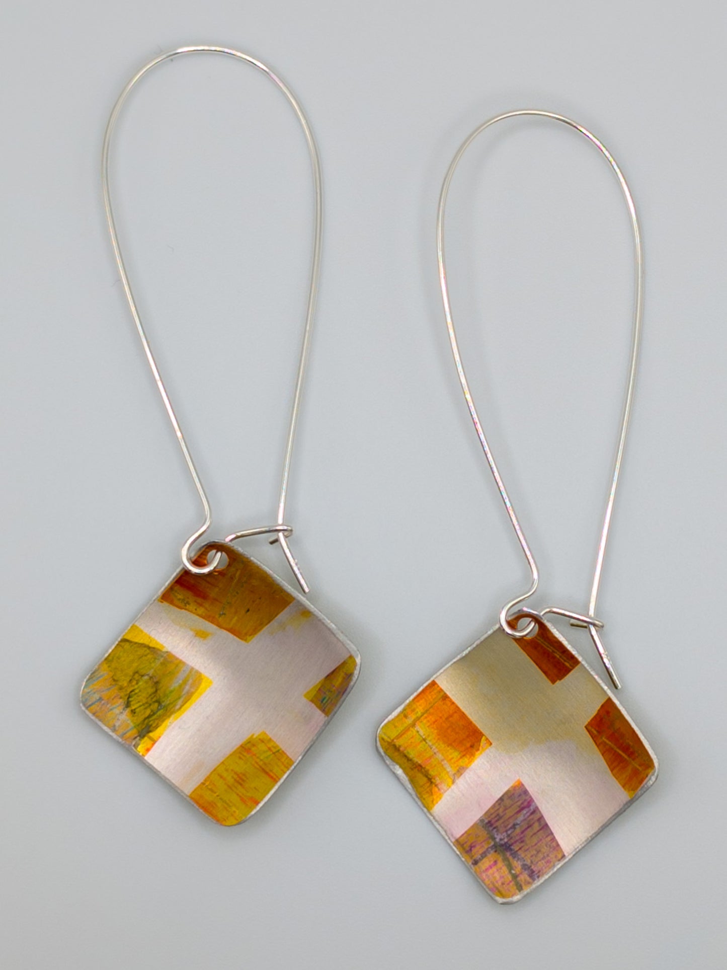 Yellow and orange long drop square earrings